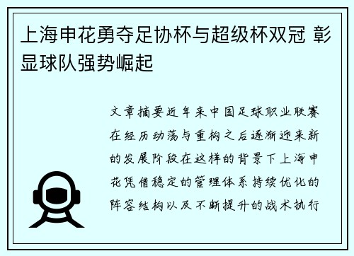上海申花勇夺足协杯与超级杯双冠 彰显球队强势崛起