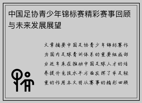 中国足协青少年锦标赛精彩赛事回顾与未来发展展望