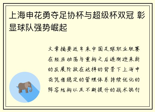 上海申花勇夺足协杯与超级杯双冠 彰显球队强势崛起